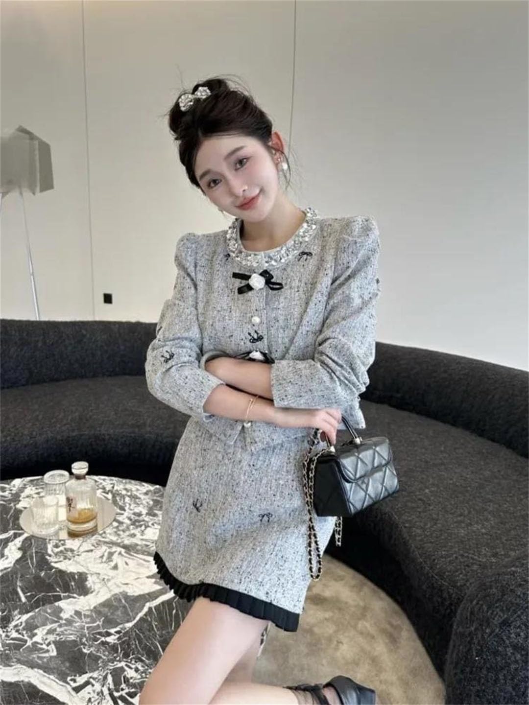 Women Tweed Two Piece Set Button Pocket Jacket Skirt Outfit