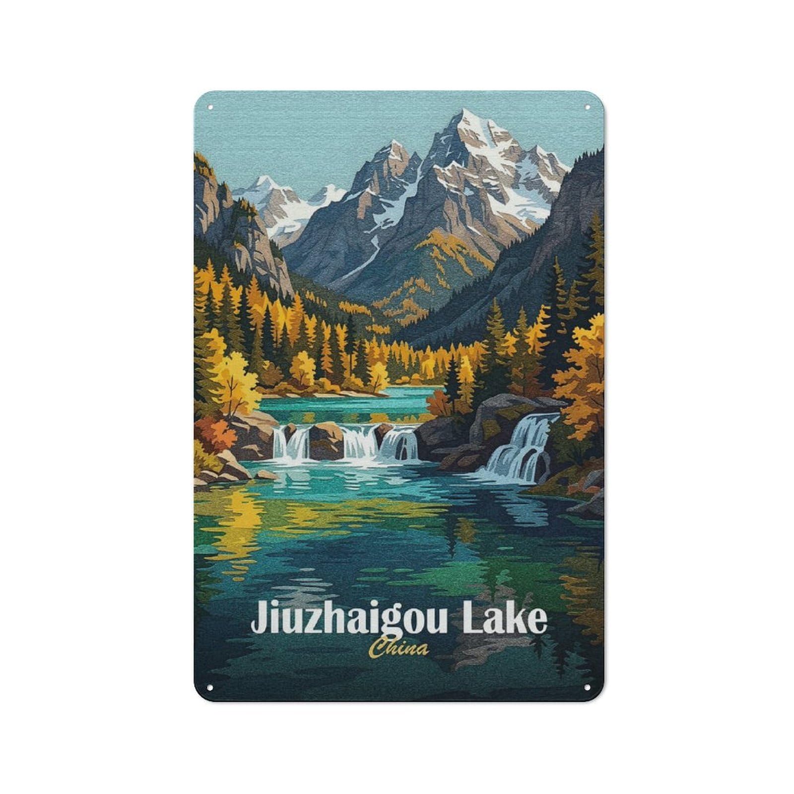 Junmoney Style-19 Tin Wall Sign With Jiuzhaigou Lake, China Landscape Art Design 30X20cm, Cosy Cafe Wall Decor For Kitchen, Cafe, Pantry Or Dining Room