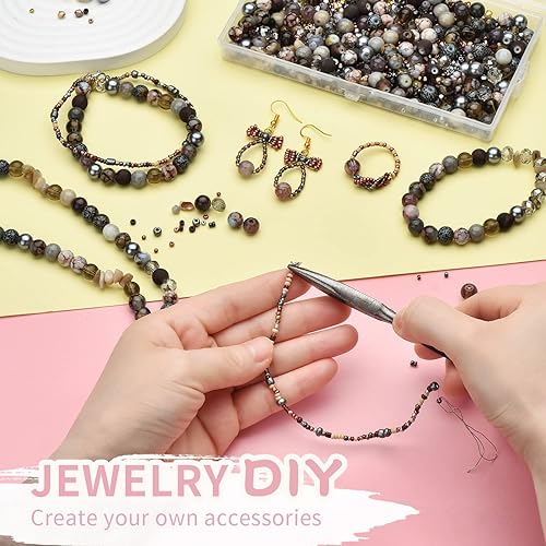 Miniatura 4 de Rired 27 Kit de fabricación de pulseras de cuentas para manualidades, 900 cuentas grises que incluyen cuentas de vidrio surtidas, cuentas de bicono,