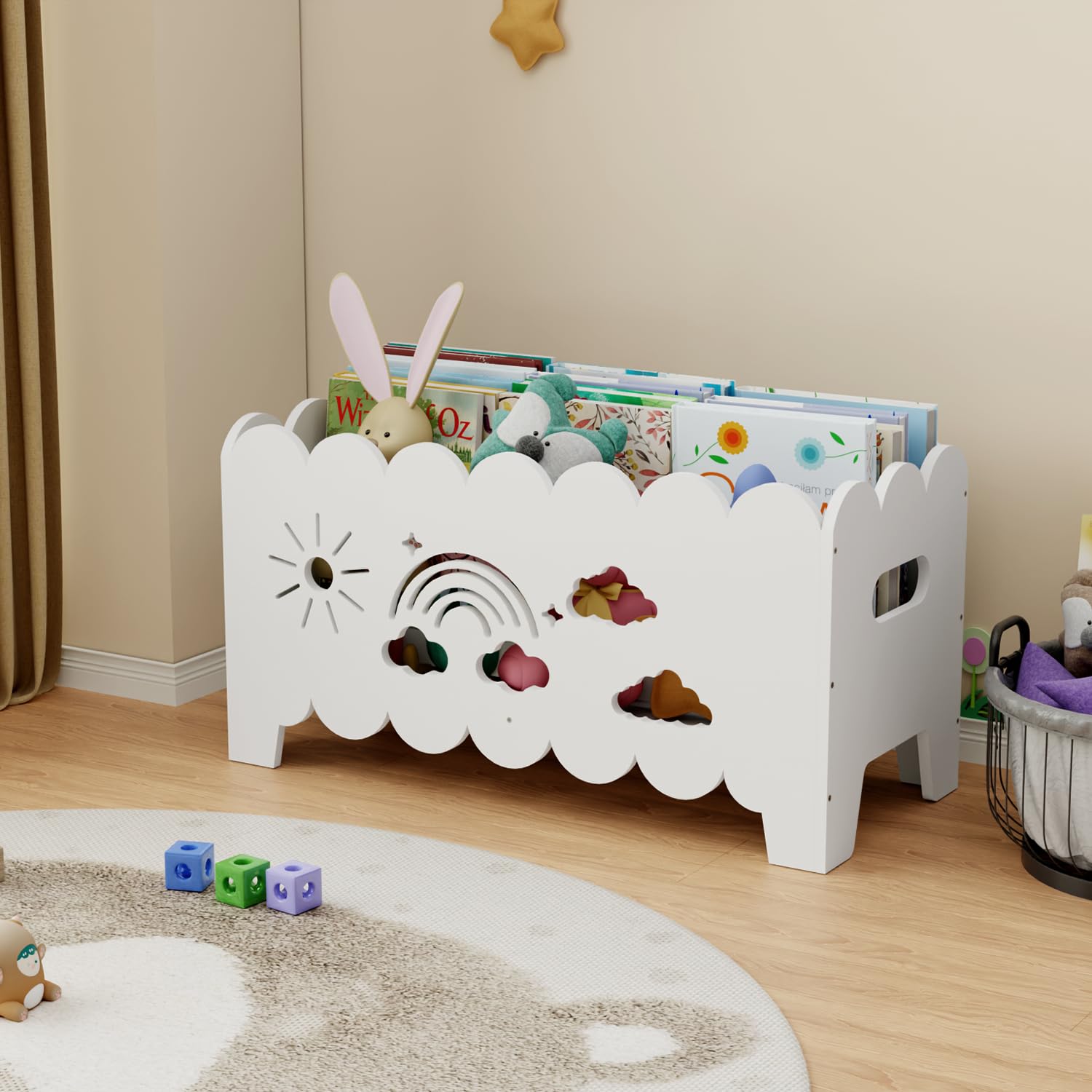 Children's Wooden Bookcase Toddler Book Storage Rack - Montessori Wooden Nursery Bookshelf for Playroom & Bedroom, Kids Floor Display Case, Portable Preschool Reading Box for Kindergarten Classrooms