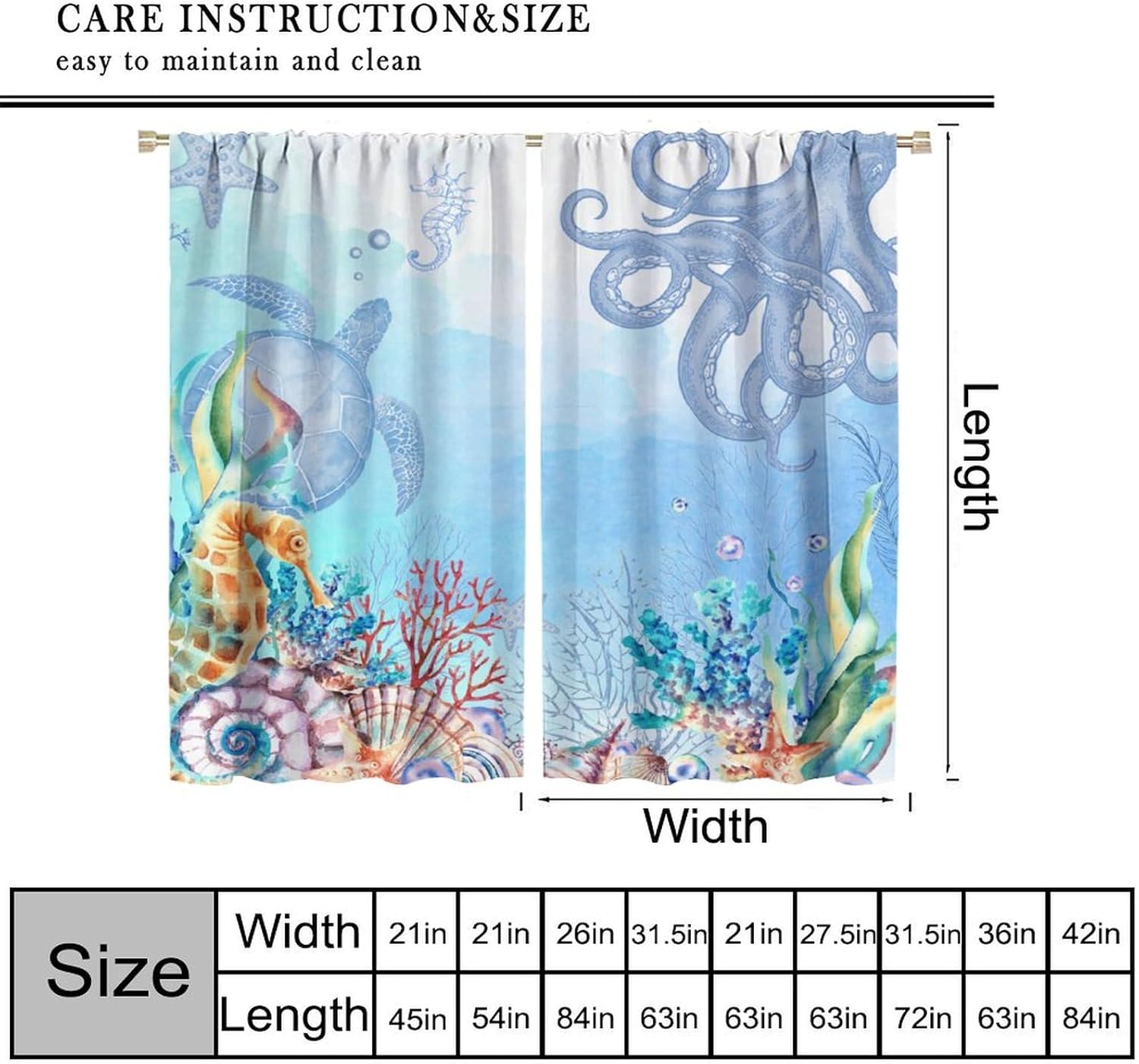 Nautical Green Sea Curtains, Octopus Turtles Starfish Shell Blue Ocean Beach Coastal Tropical Colorful Coral Blackout Window Treatments Drapes for Kids Boys Bedroom Living Room 42x45in