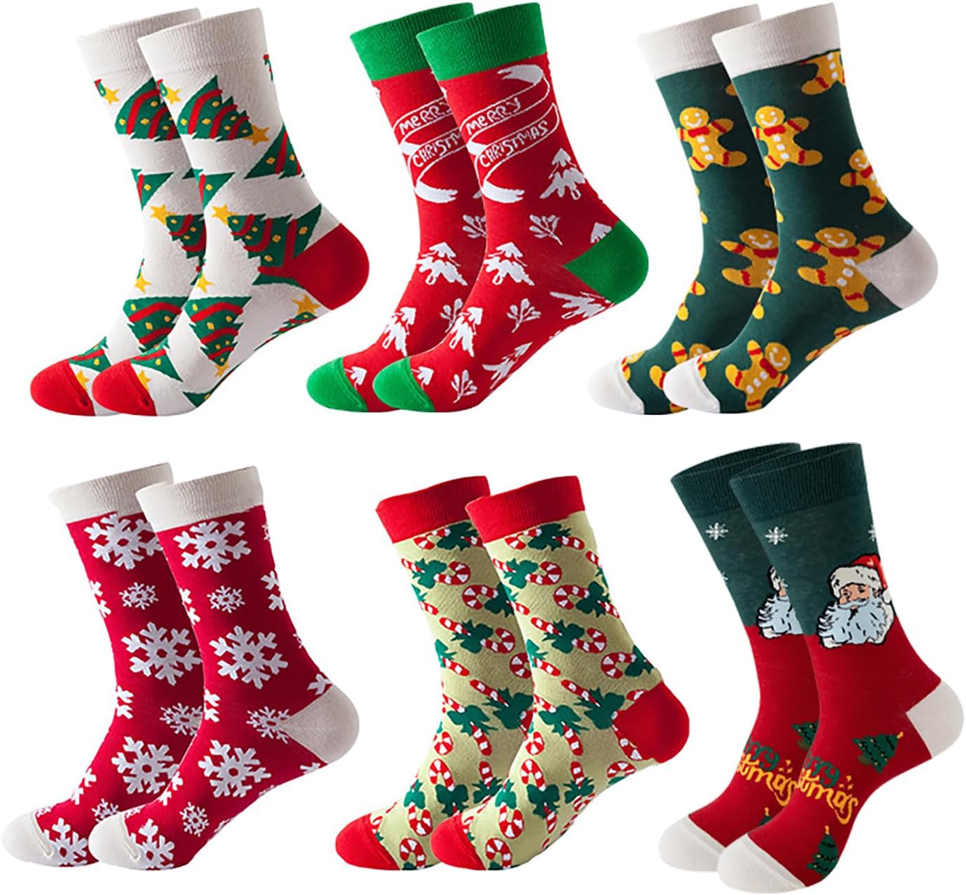 6 Pair Unisex Christmas Socks, Colorful Santas Gingerbread