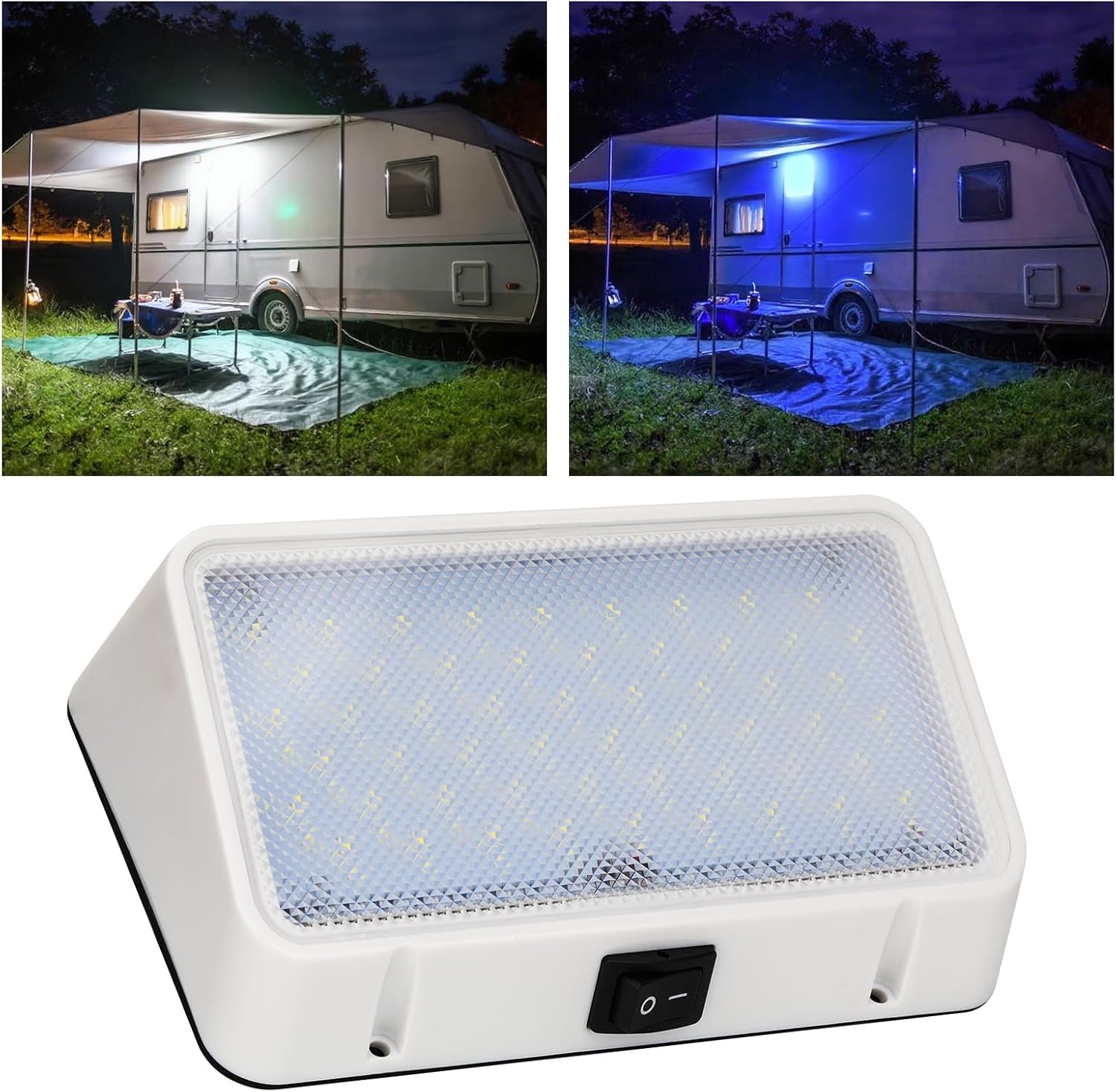 12V RV LED Exterior Porch Light with Waterproof Switch, Dual Light Color Switchable White and Blue, 1500 Lumen. Suitable for RV Camper Travel Trailer Motorhome(White Housing)-2 Pack