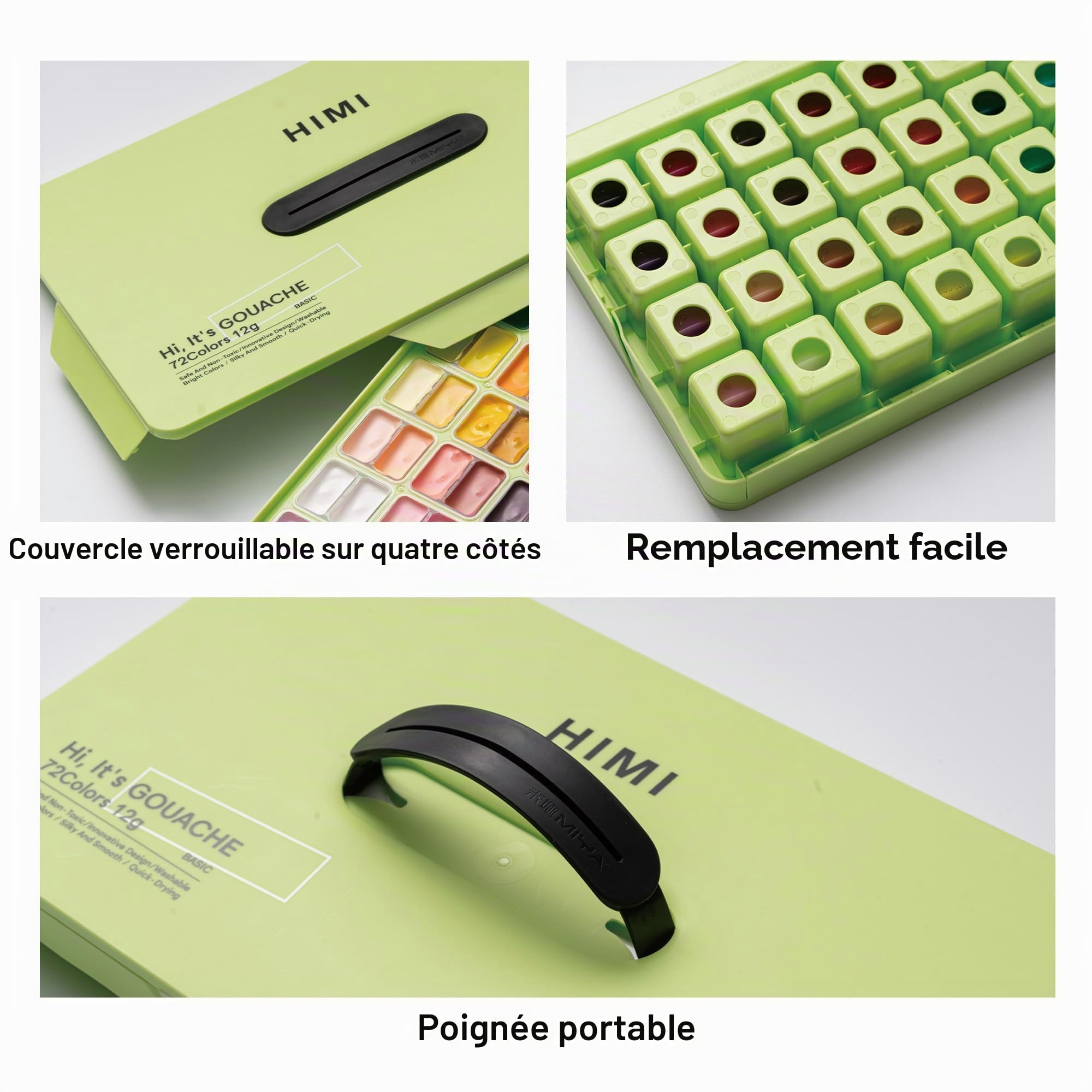 HIMI Ensemble de peinture gouache double tasse, 72 couleurs 12 g, design Jelly Cup, peinture non toxique pour toile et papier, fournitures artistiques pour professionnels (72 couleurs)