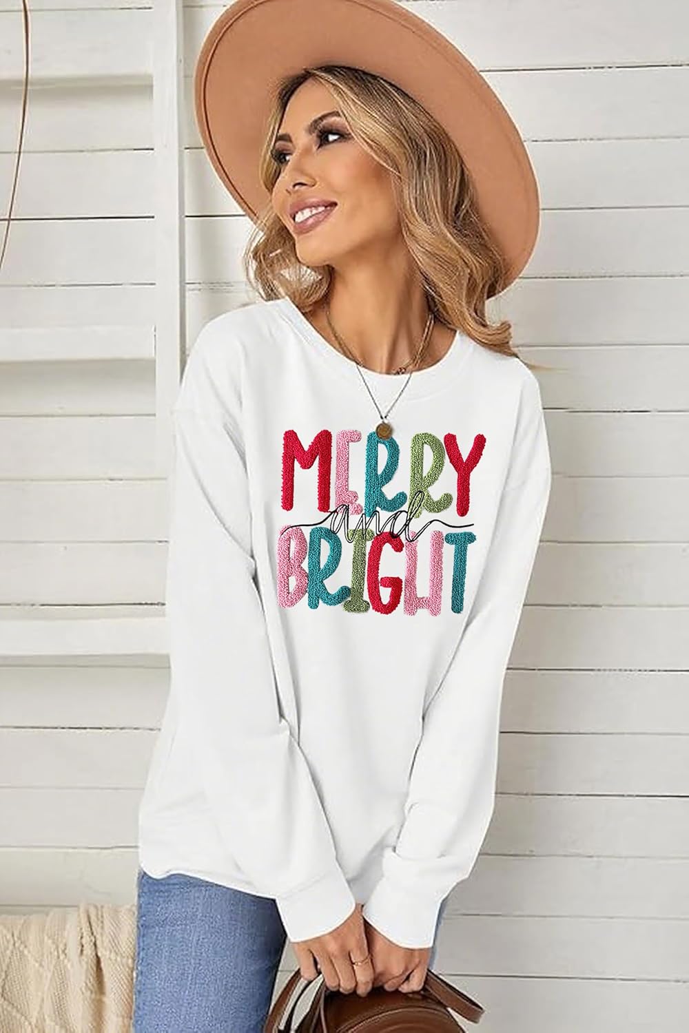 Christmas Sweatshirt Women Merry And Bright Christmas Pullover Shirt Novelty Chenille Patch Xmas Gift Holiday Top - Image 5