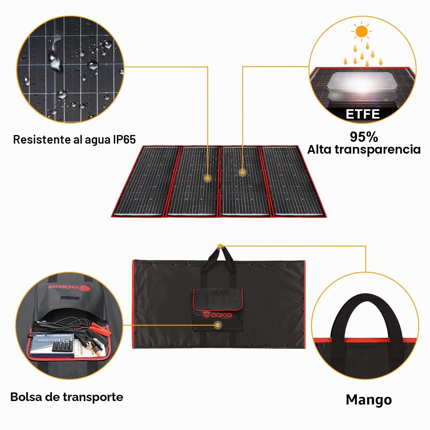 DOKIO Panel Solar Portátil Plegable 300W 18V Kit monocristalino, incluye controlador de carga solar y cable PV para batería de coche de 12V