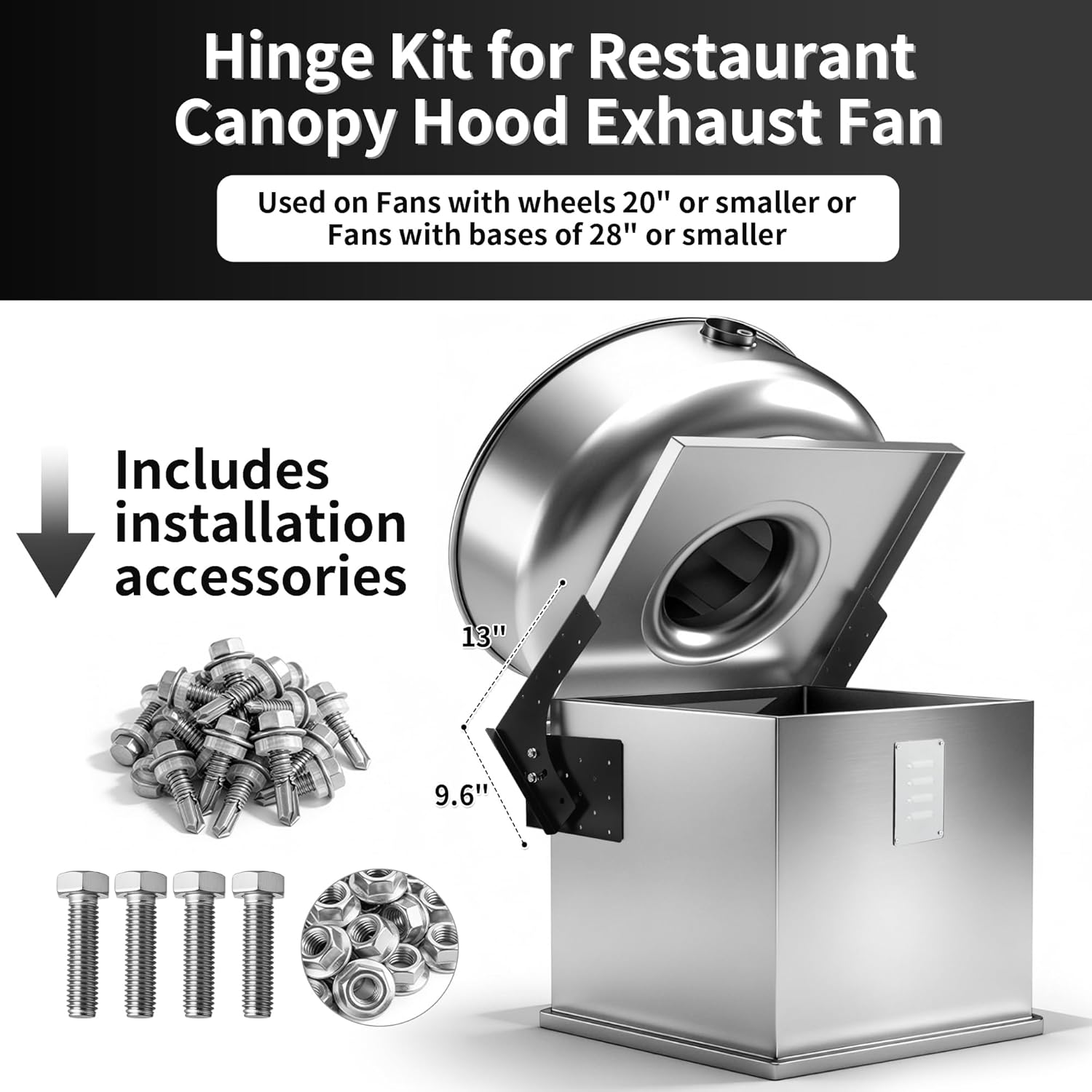 Exhaust Fan Hinges for Restaurant Canopy Hood, Heavy-Duty 12 Gauge Galvanized Steel Commercial Exhaust Fan Hinge Kit, Used on Fans with Wheels 20" or Smaller, 28" Fans Base or Smaller