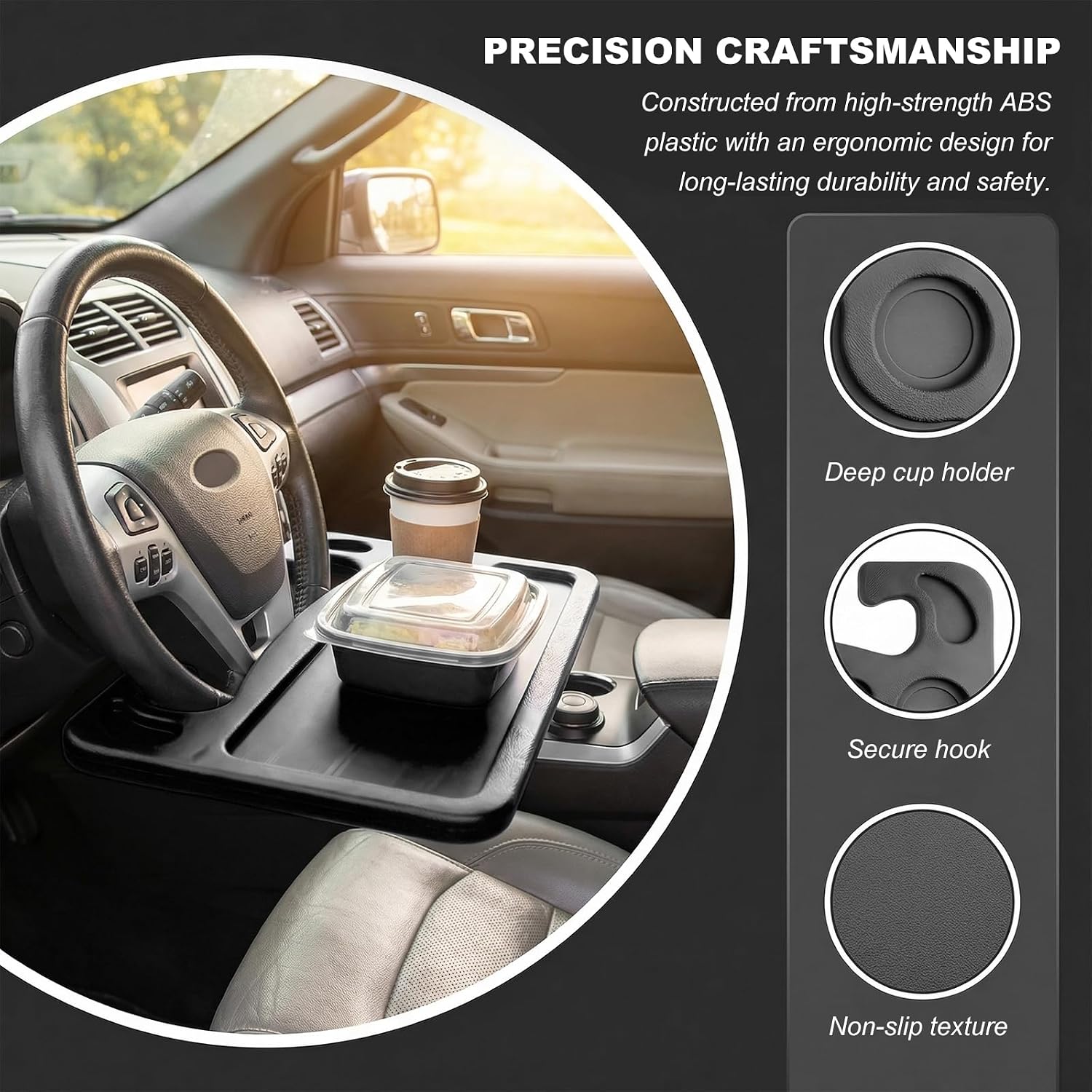 2 in 1 Car Steering Wheel Desk, Multipurpose Auto Table with Cup Holder and Pen Slot, Portable Double Sided Design Steering Wheel Tray for Eating & Work, Car Accessories (Black)