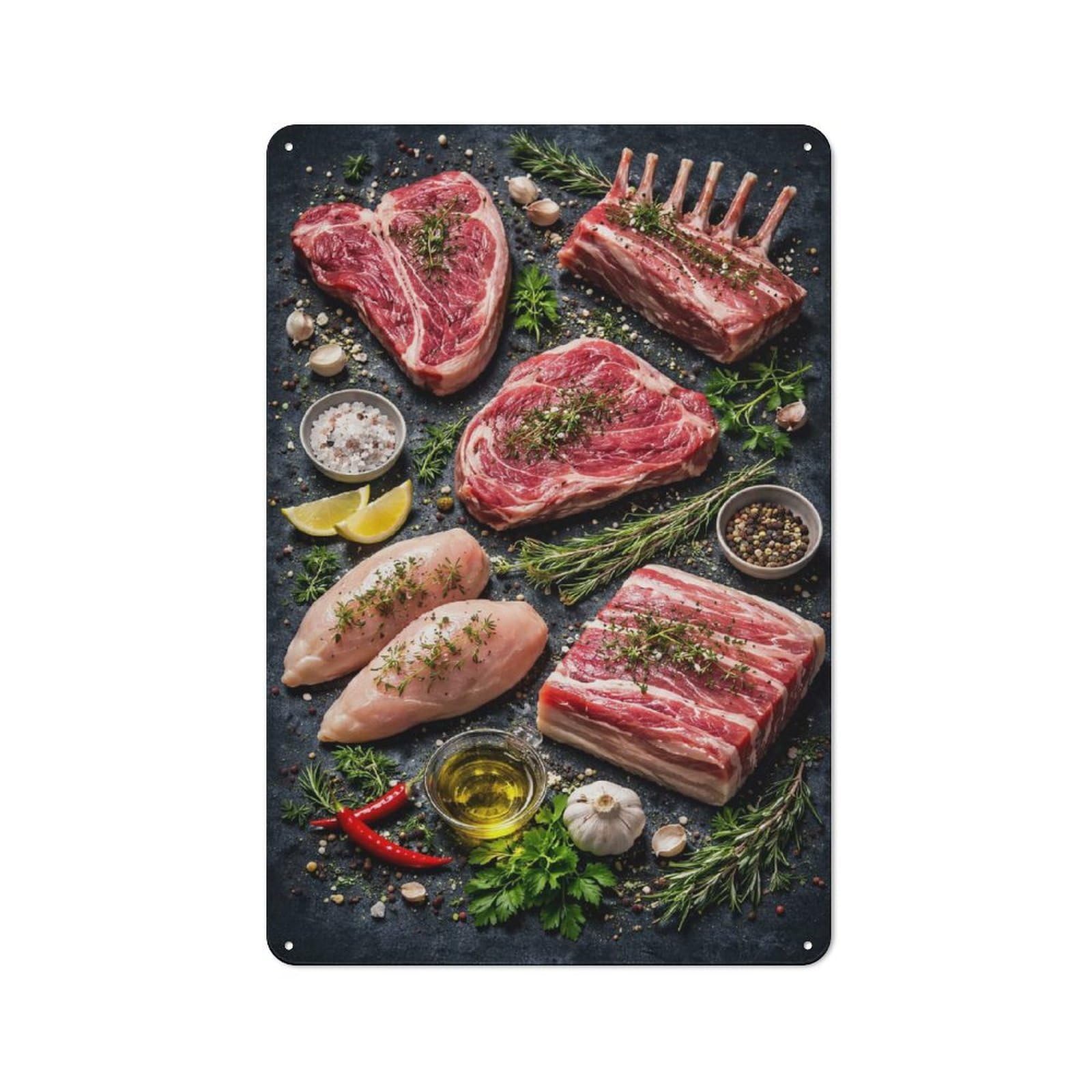 Junmoney Style-8 Raw Meat Assortment With Herbs And Spices Vintage Tin Sign 30X20cm, Vintage Diner Style Decor For Kitchen, Cafe, Pantry Or Dining Room