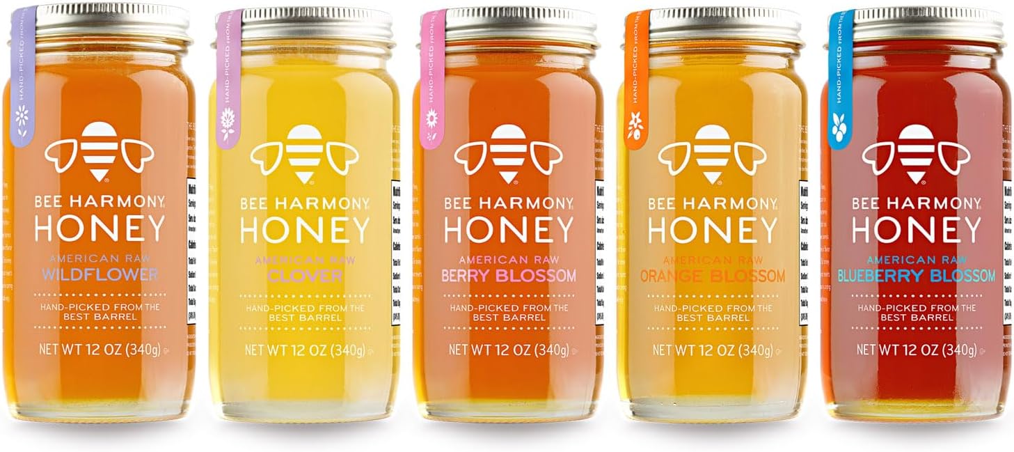 Bee Harmony Honey 5 Pack Variety Pack, Contains 5 jars, 12 ounces each (Clover, Wildflower, Orange Blossom, Berry and Blueberry)