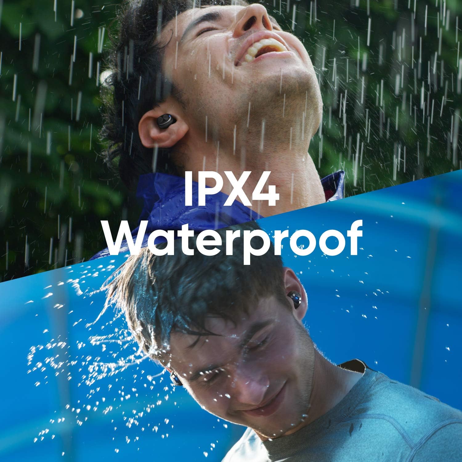People enjoying activities while wearing the IPX4 waterproof earbuds, showing resistance to rain and splashes.