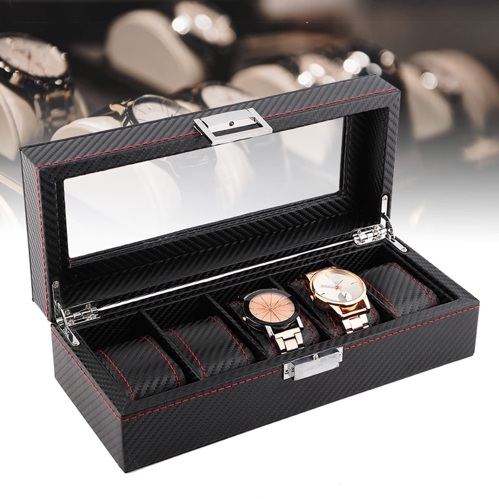 Boîte de montre à 5 fentes, boîtier en Fiber de carbone, présentoir de bijoux, rangement