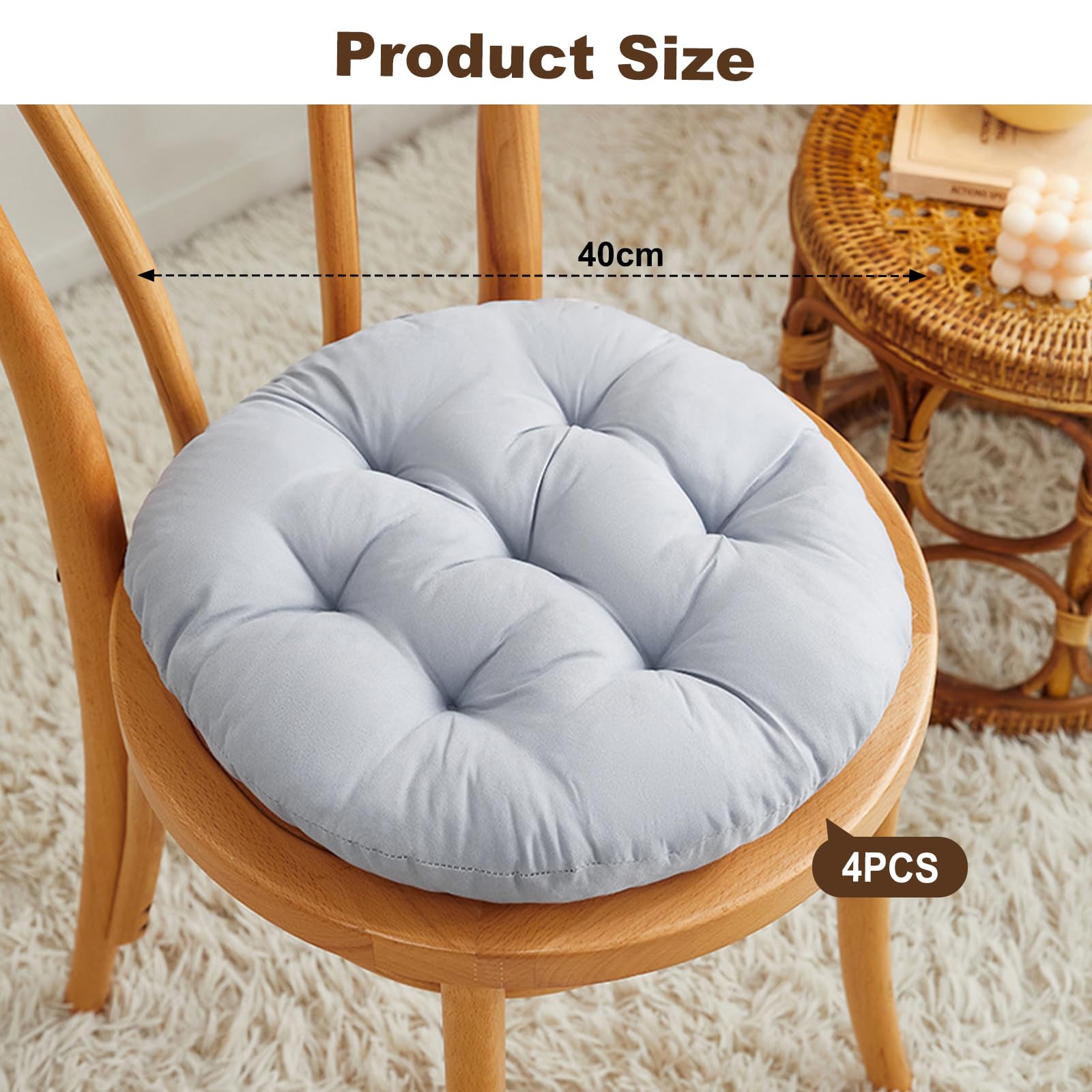 Set di 4 Cuscini di Seduta Rotondi, 40 cm di Diametro, Comodi Cuscini Imbottiti, per Interni ed Esterni, Cucina, Giardino, Sala da Pranzo Soggiorno Sala Studio, Grigio Chiaro