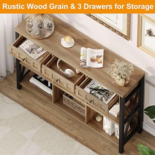 Miniatura 5 de FATORRI Estante organizador de almacenamiento rústico de 6 cubos con 3 cajones, estantería horizontal larga, estantería industrial de madera y metal