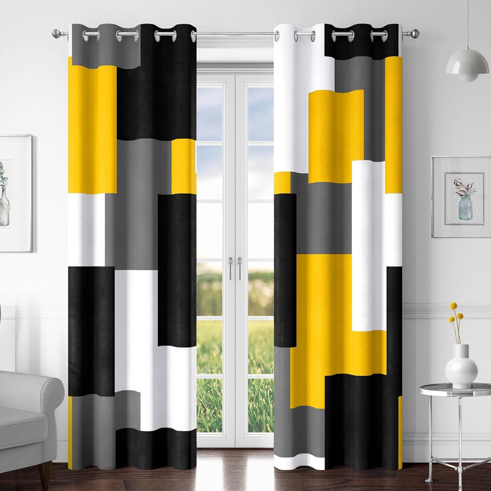 Tyrot Yellow 100% Blackout Curtains for Bedroom 108 inch Extra Long 2 Panels Set Mustard Yellow Grey Modern Abstract Geometric Black Out Curtains Room Darkening Window Drapes for Living Room, 52Wx108L