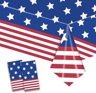 2-Pack Patriotic American Flag Disposable Tablecloths - 54 x 108 Inch Rectangle Plastic Table Covers for 4th of July, Memorial Day, Veterans Day Decorations, Picnics & BBQ Party Supplies