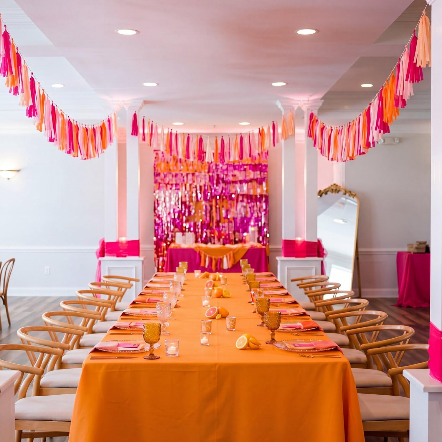 2 Pcs Hot Pink Burnt Orange Sunset Party Decorations 13.12ft Fabric Streamer Garland Fringe Banner for Fall Party Birthday Bridal Baby Shower Graduation Thanksgiving Backdrop Decor