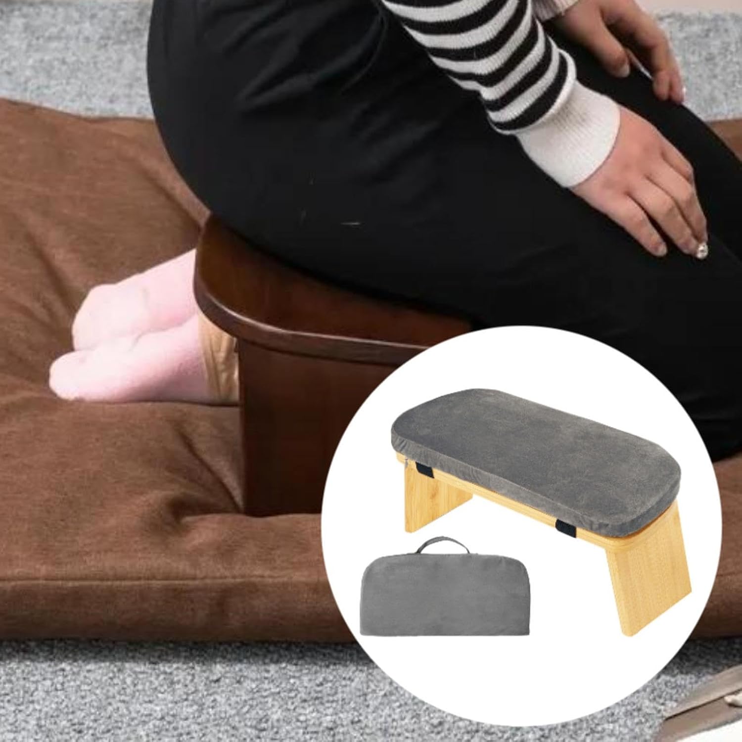 Wooden Meditation Stool Ergonomic Support Non Slip Removable Pillow Compact Soft Kneeling Stool for Office Room Bedroom, Gray