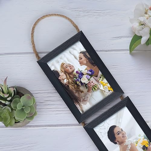 Miniatura 2 de Lavezee Juego de 2 marcos de fotos colgantes negros de 4 x 6 pulgadas, 8 marcos verticales de apertura hechos para mostrar fotos de 4 x 6 pulgadas