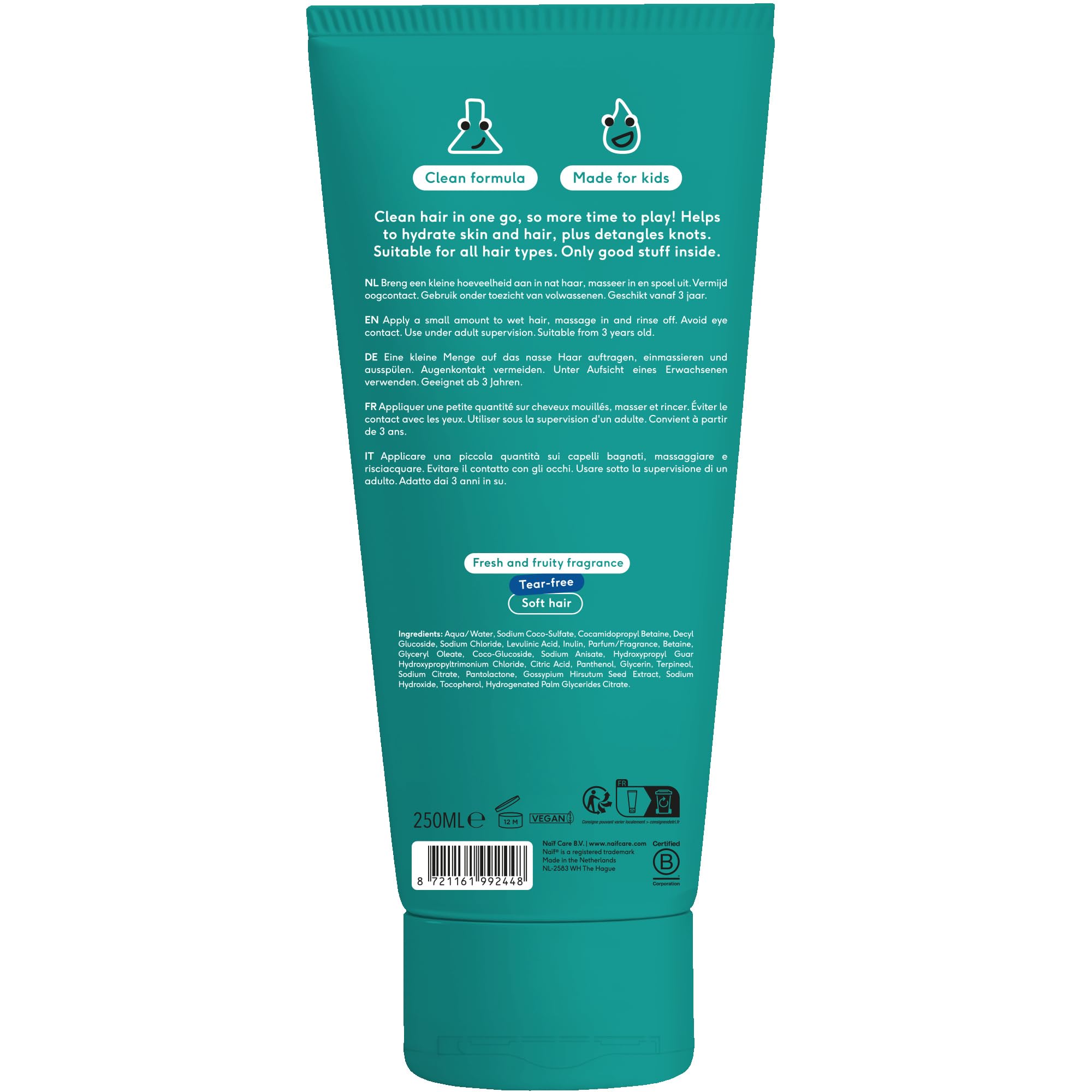 Naïf - Shampoing et après-shampoing 2 en 1 pour enfants - Nettoie et adoucit les cheveux - Formule douce - 0% SLES - Testé dermatologiquement - D'origine naturelle- 250 ml