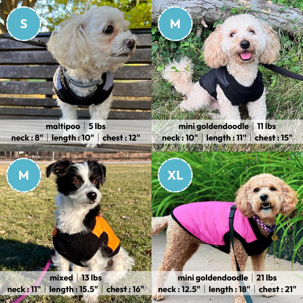 Image of Gooby Fashion Vest Dog Jacket, Orange, Small | Quilted bomber, water-resistant; Stretch knit bottom; Dual D-ring leash; Pain-free zipper guard; Warm
