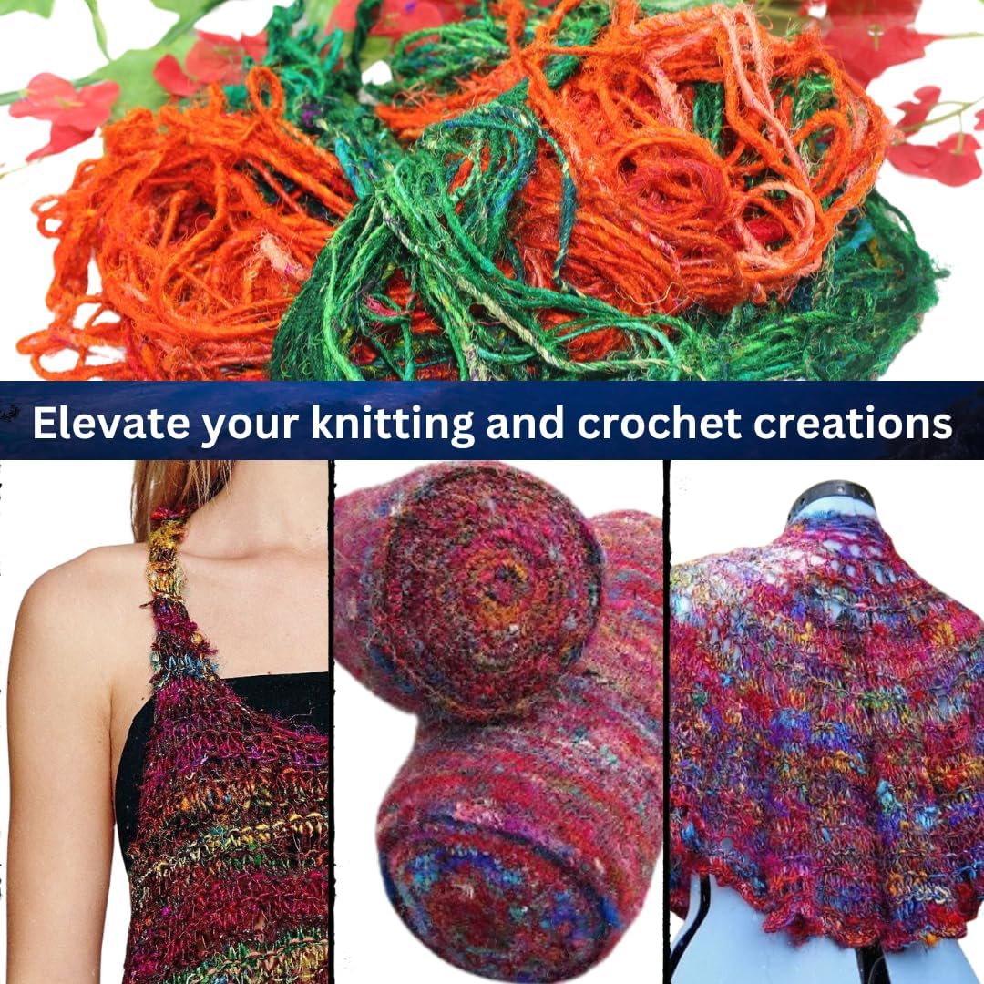 Knitsilk Handspun Recycled Sari Silk Yarn | Orange & Green Combo | 100g x 4 Count (400 Grams), 50-70 Yards/Ball | Eco-Friendly Bulky Yarn for Vibrant Knitting, Crocheting & Weaving!