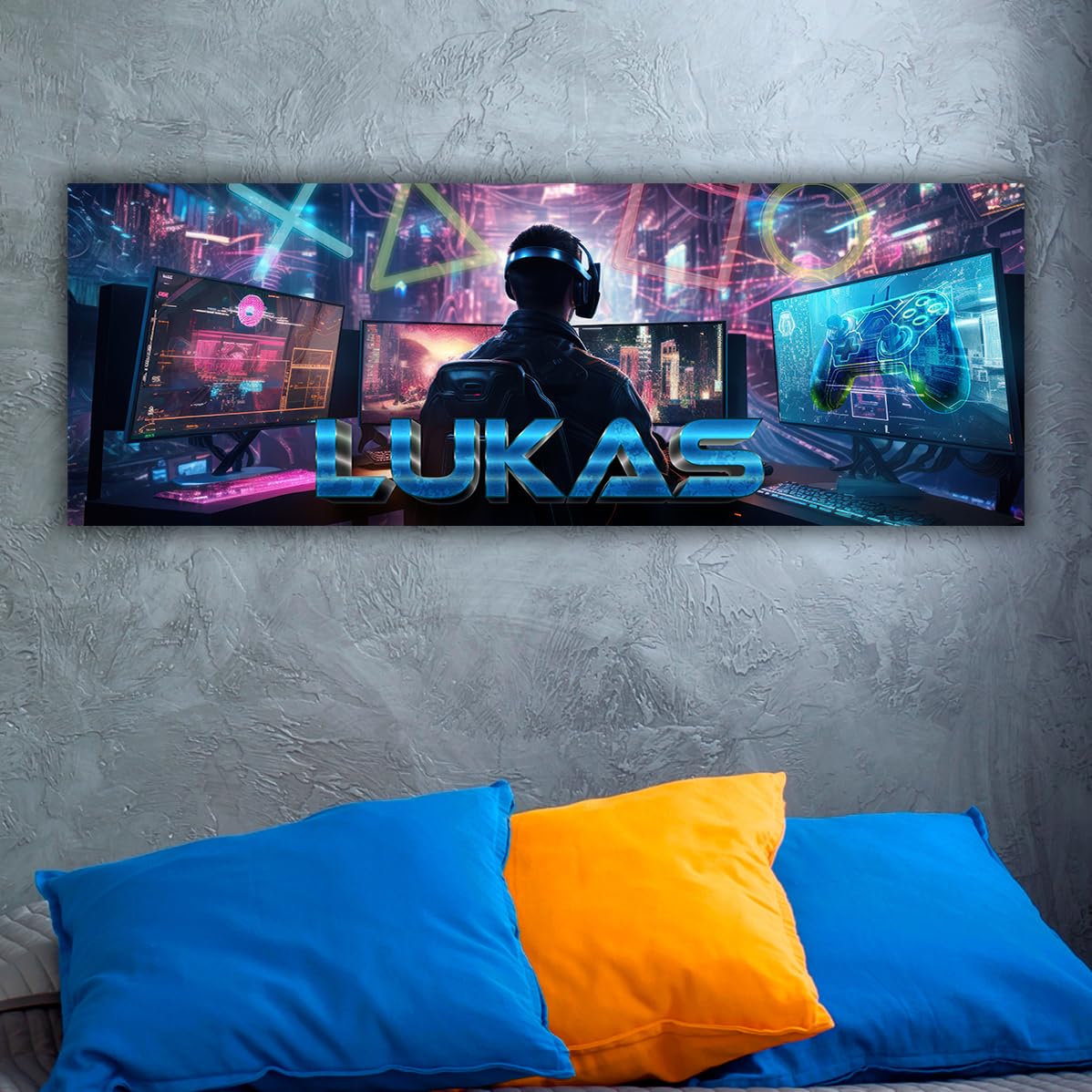 Toile Personnalisée Prénom Gamer PC - Décoration Chambre Gaming Avec Clavier, Souris RGB - Cadeau Gamer Ado