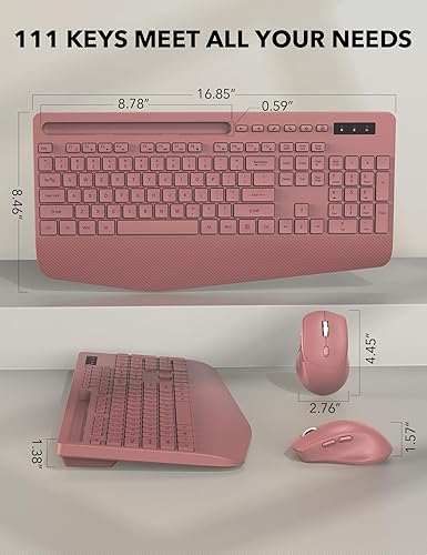 Miniatura 43 de Combo de teclado y mouse inalámbricos, teclado ergonómico de tamaño completo con reposamuñecas, soporte para teléfono, modo de suspensión, Rosa