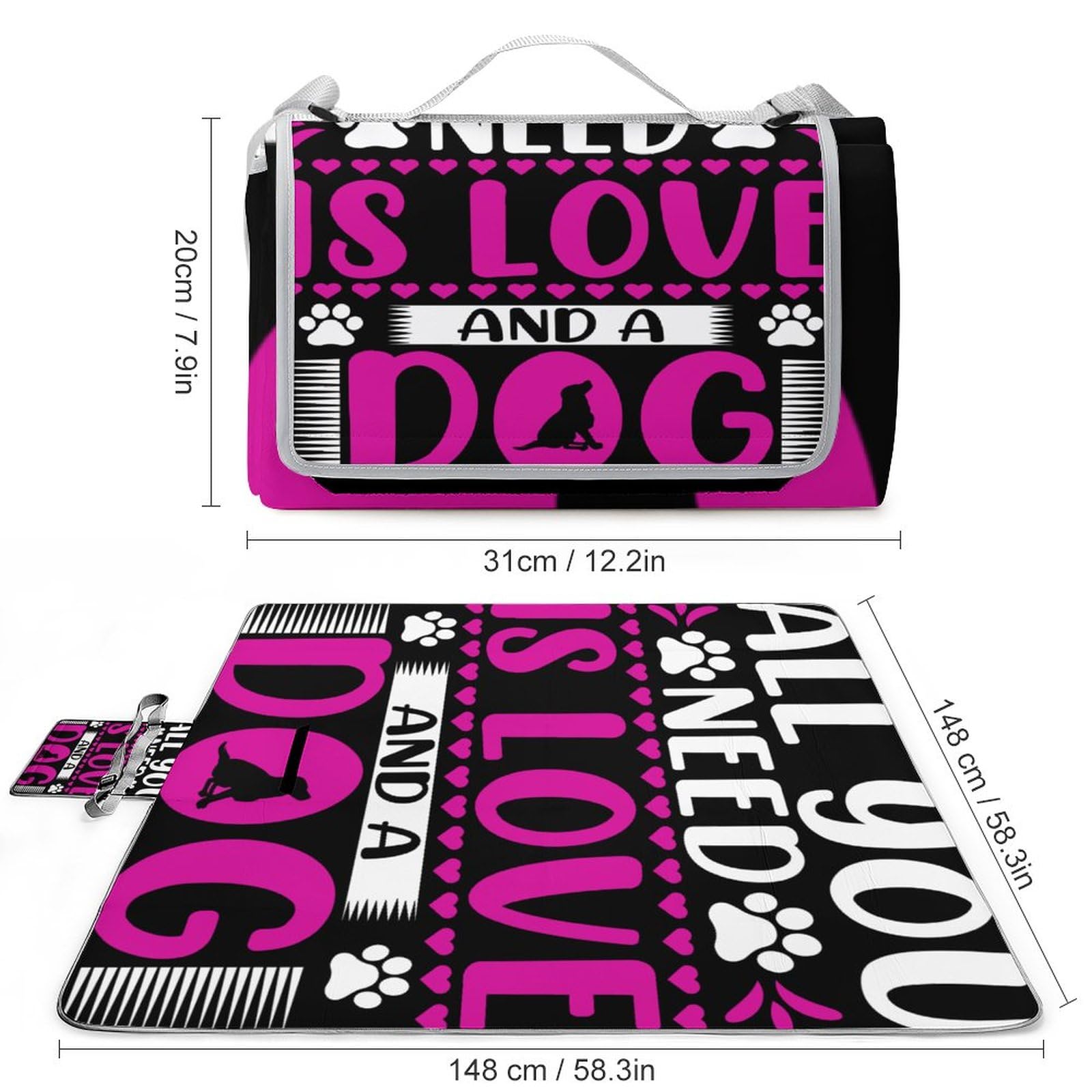 Love-Dog-Cute-Pattern Picnic Blanket Waterproof Foldable, Large Outdoor Picnic Blanket Beach Blankets Camping Blanket Travel Mat, Shoulder Strap Tote, Rectangle 58x58in