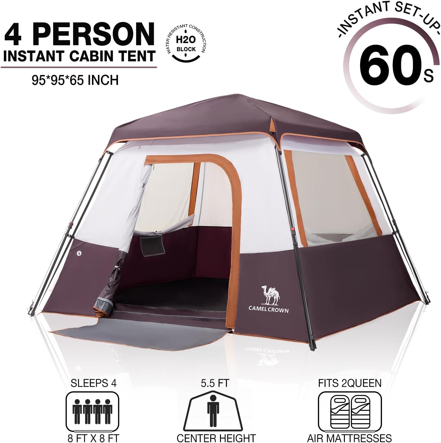 Camping Tents 4/6 Person Pop Up Instant Tent - Setup in 60s for Family Camping, Windproof Design, Family Cabin Tent with Rainfly & Backpack Carry Bag