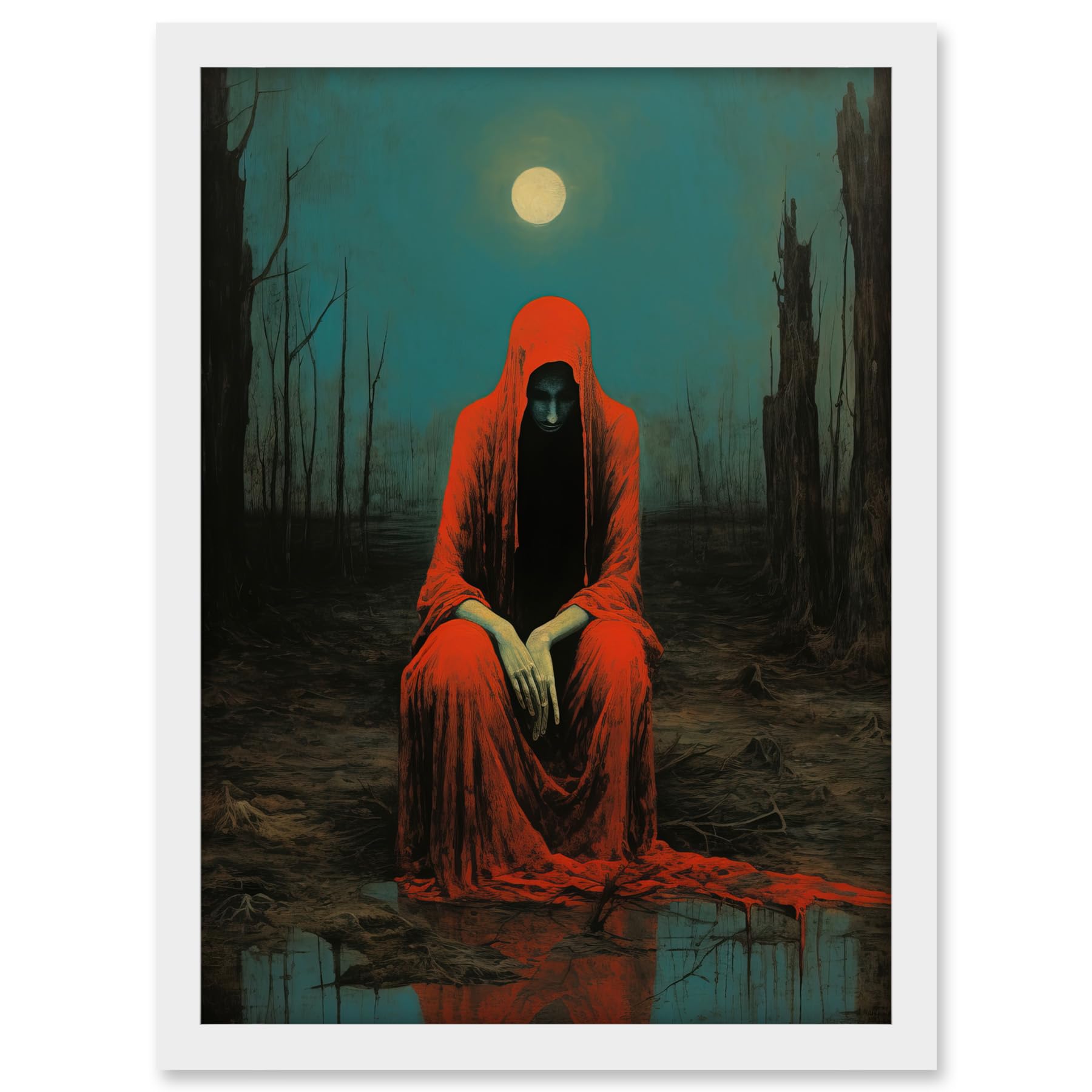 Artery8 Charon in Red Cloak Beksinski Inspired Conceptual Artwork Full Moon Barren Landscape Artwork Framed A3 Wall Art Print