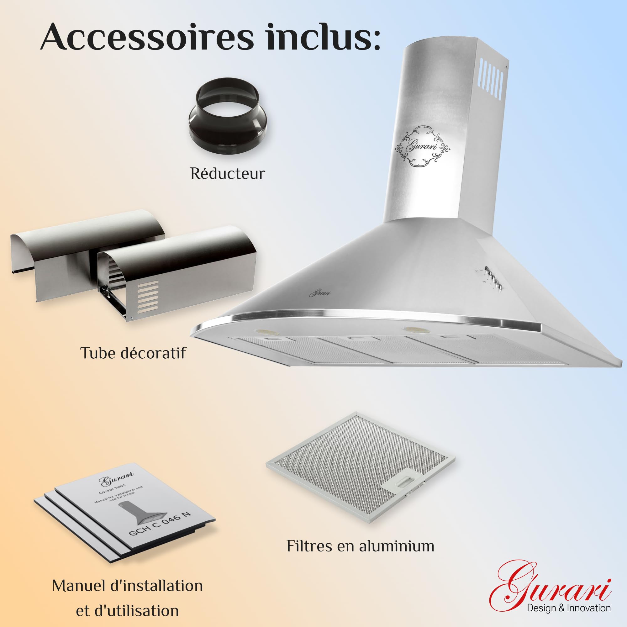 Gurari 046 IS Hotte aspirante murale 90 cm •1000m³/h•Hotte murale Luxe fabricant Gurari • 3 vitesses •1000m³/h •LED •Hotte• inox •Recirculation possible