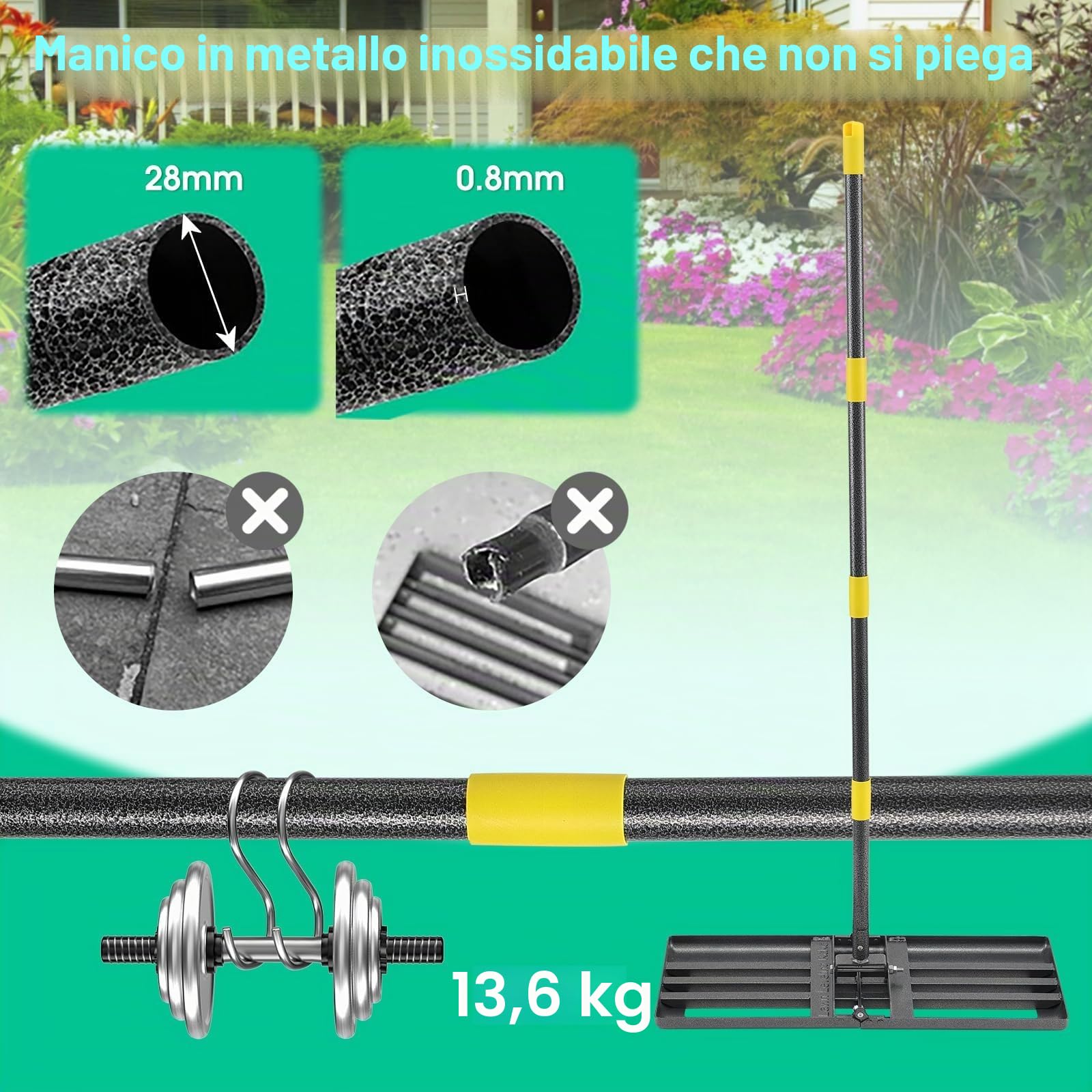 Rastrello per prato per livellamento, in acciaio inox, 157 cm, giardino, cortile