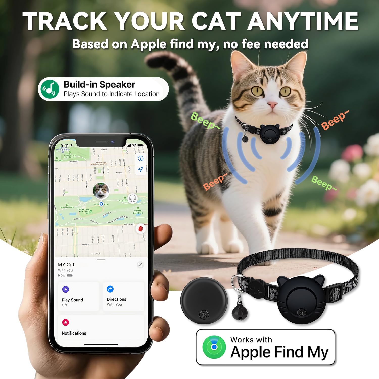 Waterproof Cat Tracker Collar with Airtag Finder | Apple Find My Compatible (iOS Only) | Breakaway Design with Reflective Pattern & Bell | Fits Neck Sizes 8-12" | Black - image 2