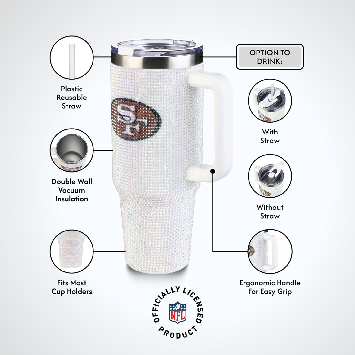 The Memory Company Officially Licensed NFL 40oz Stainless Steel Tumbler - Double Wall Insulated Travel Cup with Handle and Straw Lid - Crystal Rhinestone Design - Image 6