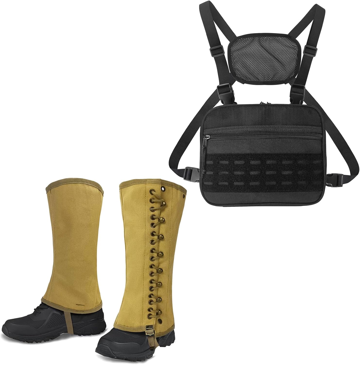 SUNRISING Tactical Chest Rig Bag & WW2 Leg Gaiters Combo - Modular Molle Tool Chest Pack with Detachable Magazine Pouches + Vintage Canvas Leggings for Outdoor Hunting, Hiking & Military Enthusi