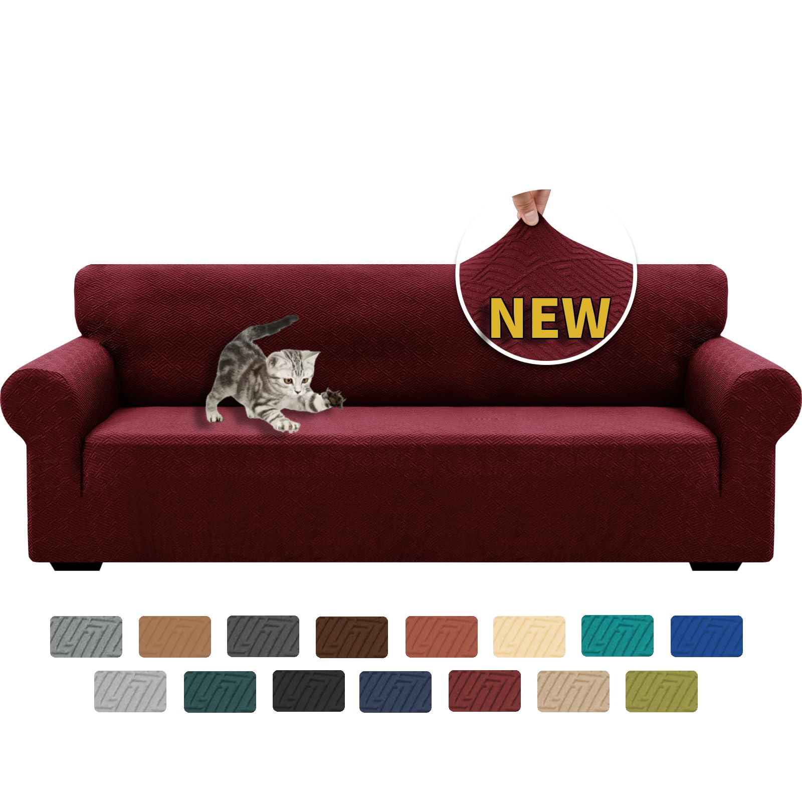 XINEAGE High Stretch Sofa Covers 4 Seater Latest Jacquard Extra Large Couch Covers for Dogs Pet 1 Piece Sofa Slipcovers Living Room Non Slip Couch Furniture Protector Washable (4 Seater, Wine Red)