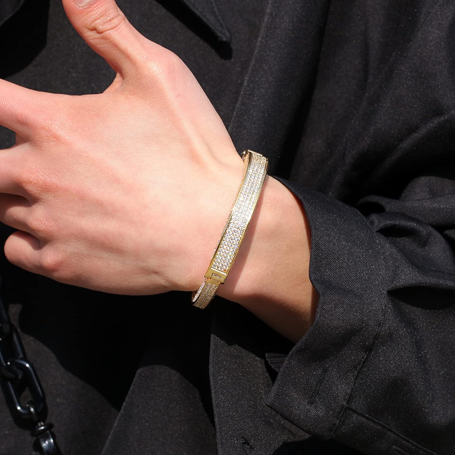ICEDIAMOND 14K Gold Plated Urban Style Iced Out Drama Lock-Inspired Design Bangle, Micro-setting Bright Zirconia Stones with Long Serrated Lock Buckle Bracelet for Men