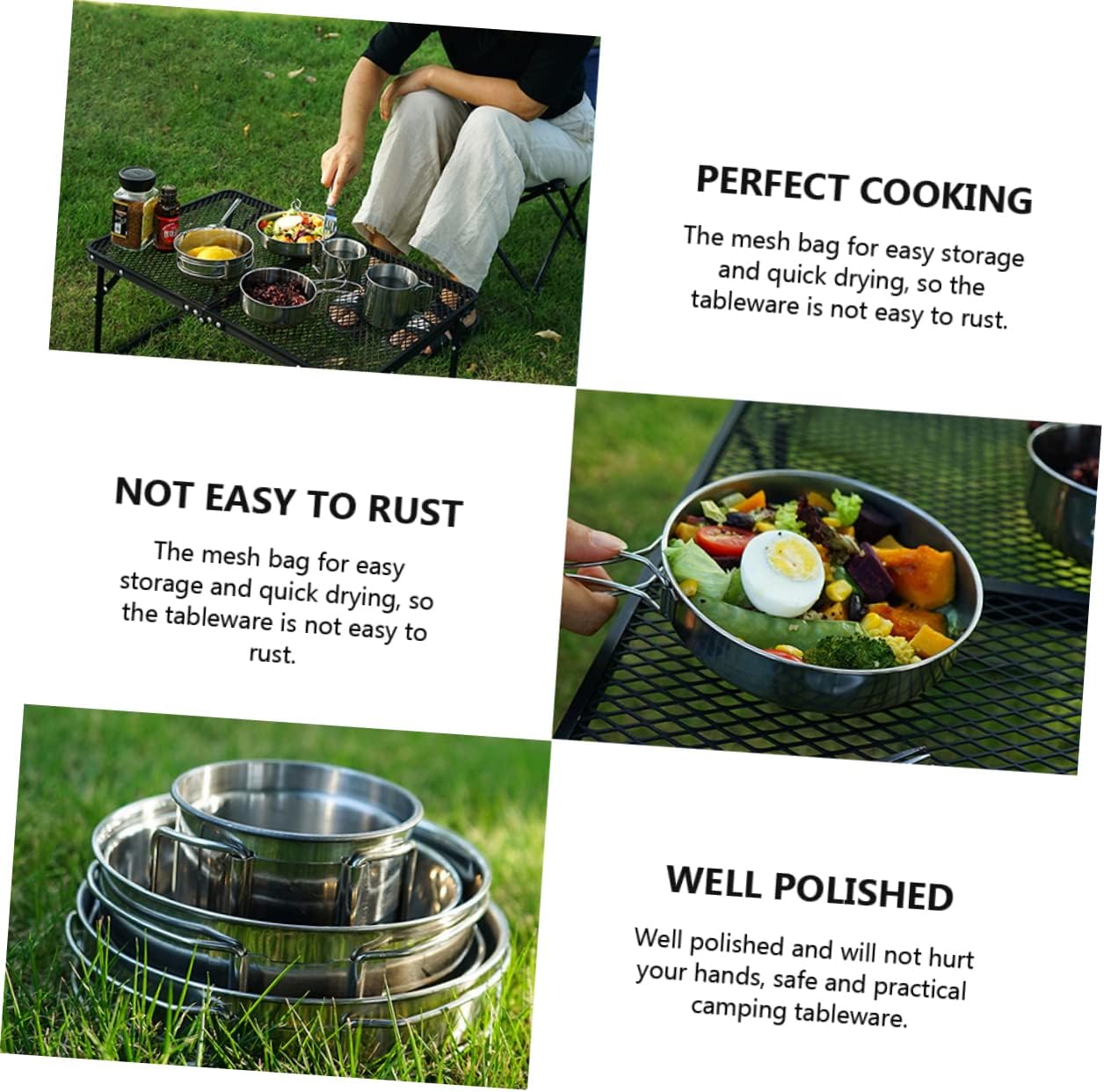Portable Camping Cookware Stainless Steel 5pcs Dinnerware Set Folding Bowl Cup Frying Pan Safe for Outdoor Activities