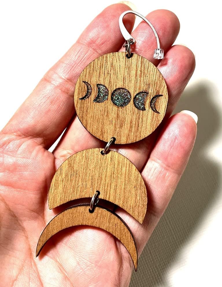 Handmade Wood Moon Phase Dangle Earrings