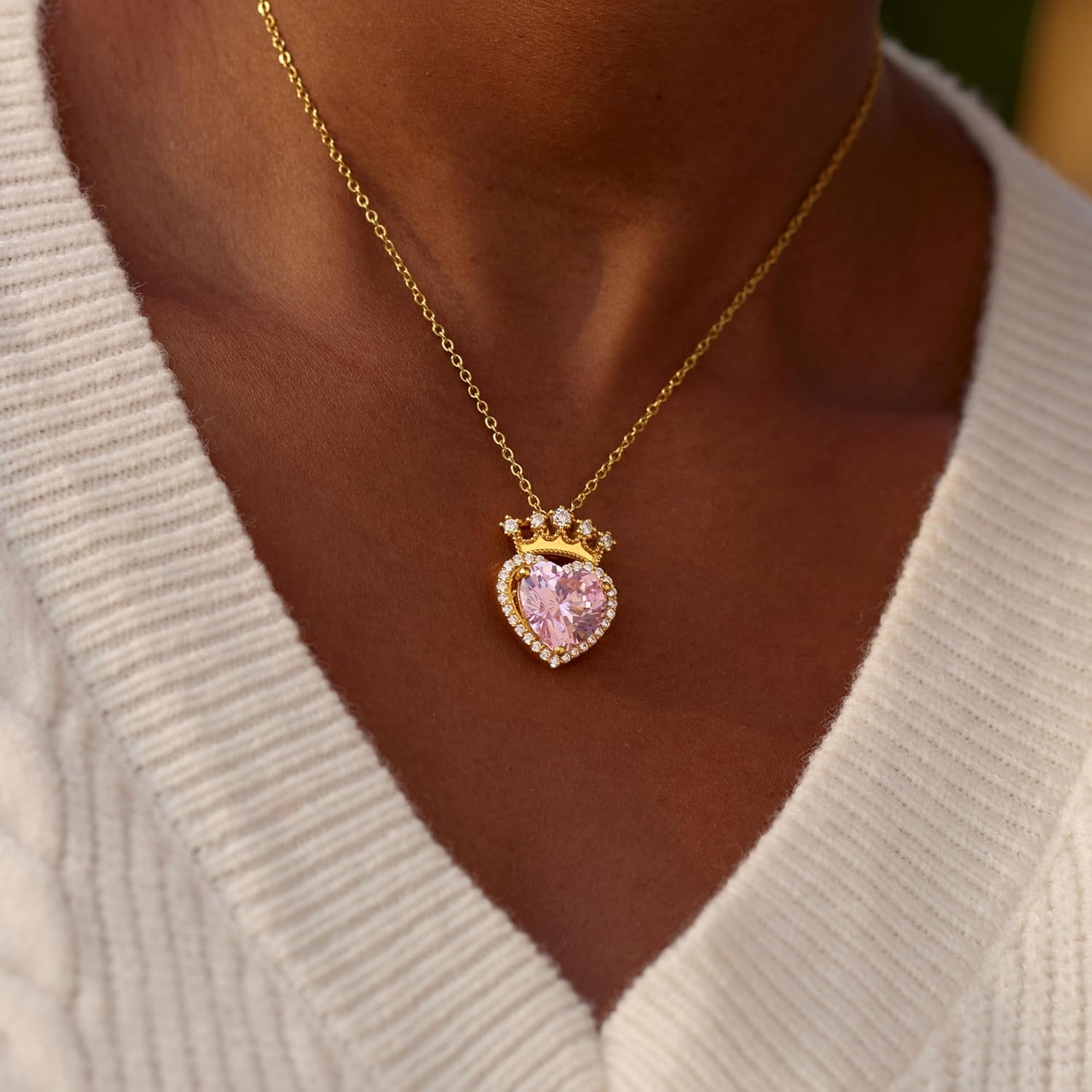 STORYJEWELLERY Birthstone Necklace for Women, 925 Sterling Silver Heart Necklaces for Women, 18K Gold Plated Crown & Heart Pendant, Birthstone Jewelry, Gifts for Her - Image 4