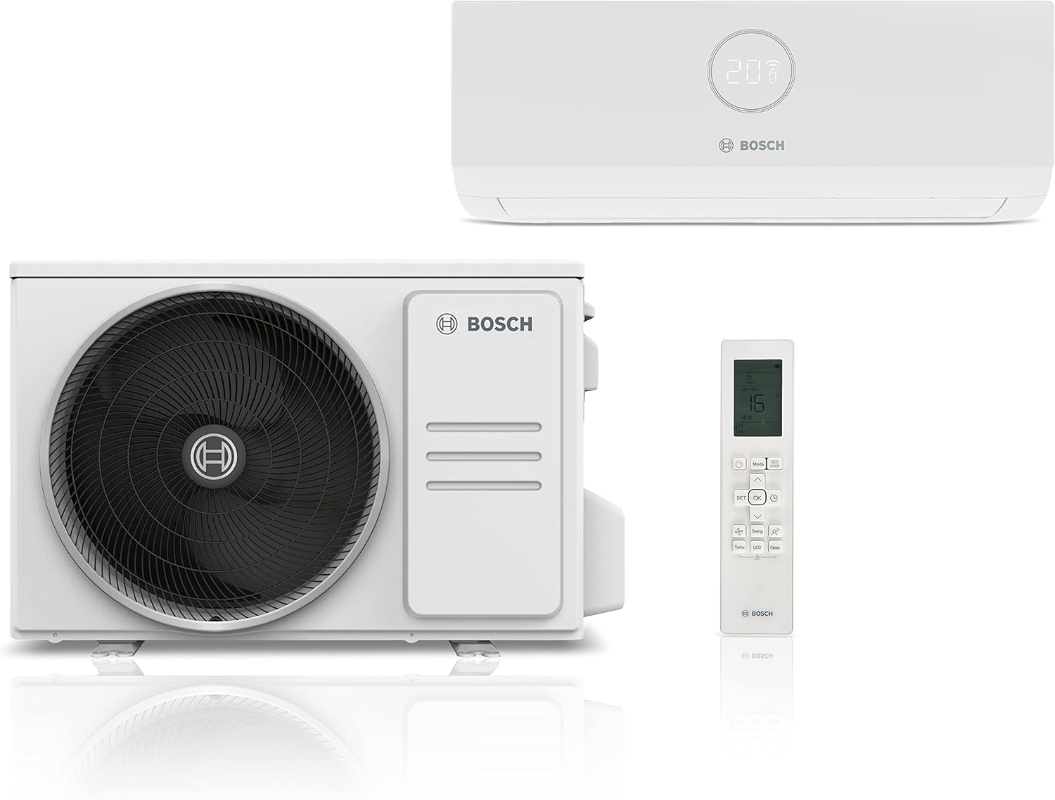 Bosch Climate 3000i indoor unit, outdoor unit, and remote control