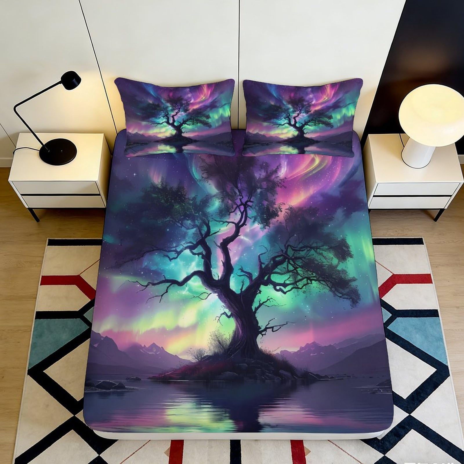 Pnayamiorkfel Style-5 3D Printed Aurora Night Tree Fitted Sheet Microfiber Soft Artistic Mattress Cover For Bedroom Dorm Decor Protection 90X200x25cm