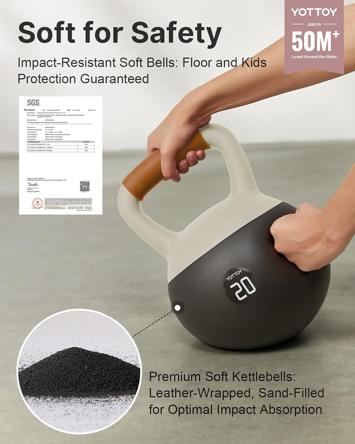 YOTTOY Soft Kettlebell with Leather Handle – Anti-Slip Sweat-Absorbing Grip, Home Gym Kettlebell Weights for Strength Training, Safe Neoprene Kettlebell for Women & Men