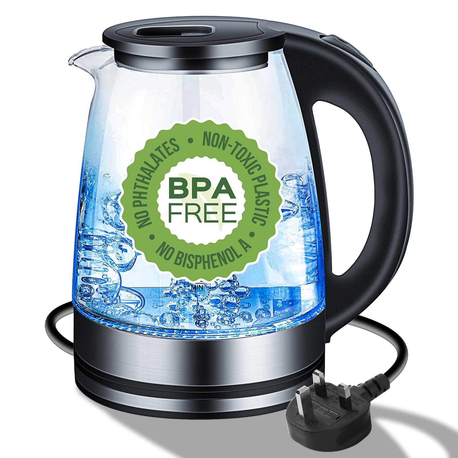 KOOSREEL Electric Kettle & Glass Water Kettle with Blue LED, 1.8 Liter, Black, Illuminating Indicator, Automatic Shut-Off, Boil-dry Protection