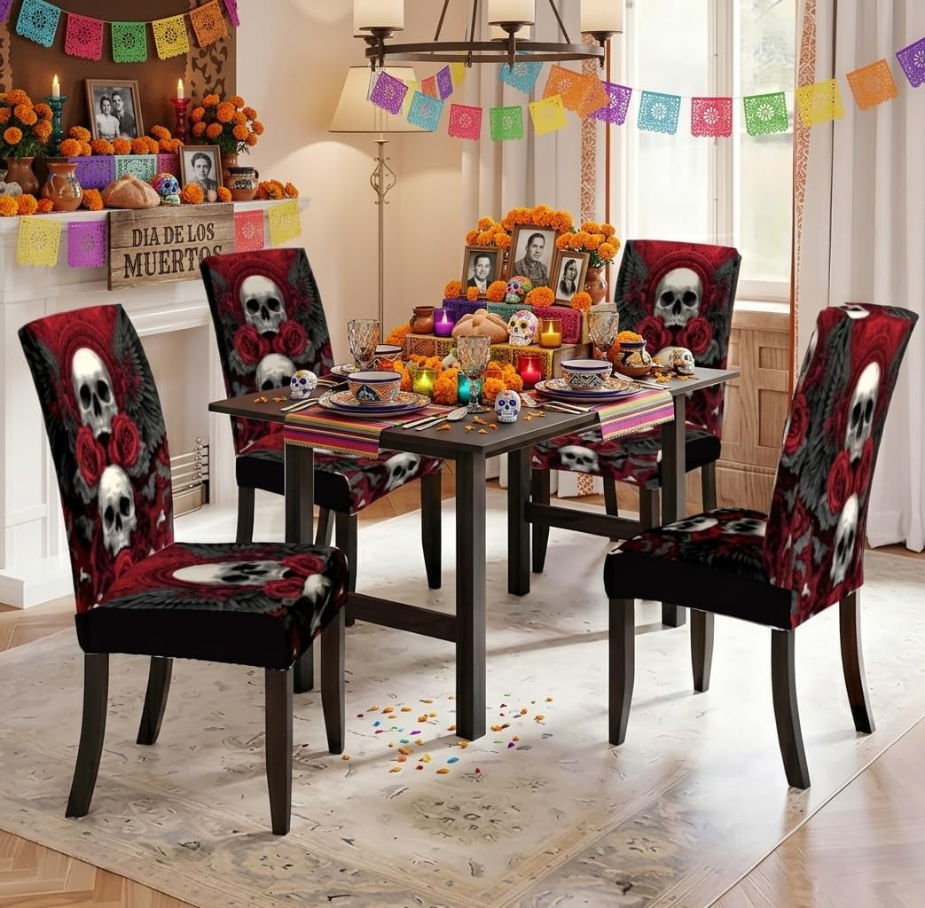 Day of the Dead Chair Covers 4 Pack - US Dia De Los Muertos & Cinco De Mayo Decorations, Elastic Skeleton Rose Dining Chair Slipcovers, Washable Removable Kitchen Fiesta Party Decor