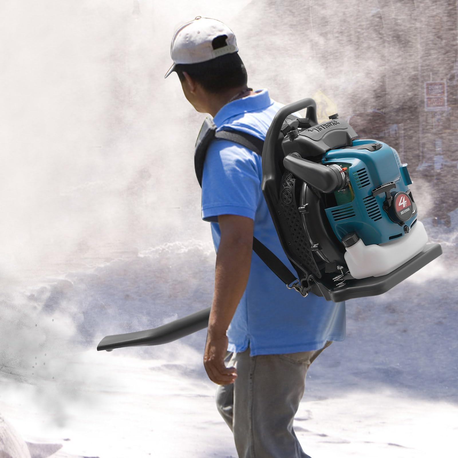 Soffiatore per foglie come zaino motore a 4 tempi 2,6 kW cinghia regolabile serbatoio acqua da 1,9 litri per giardino foglie e neve