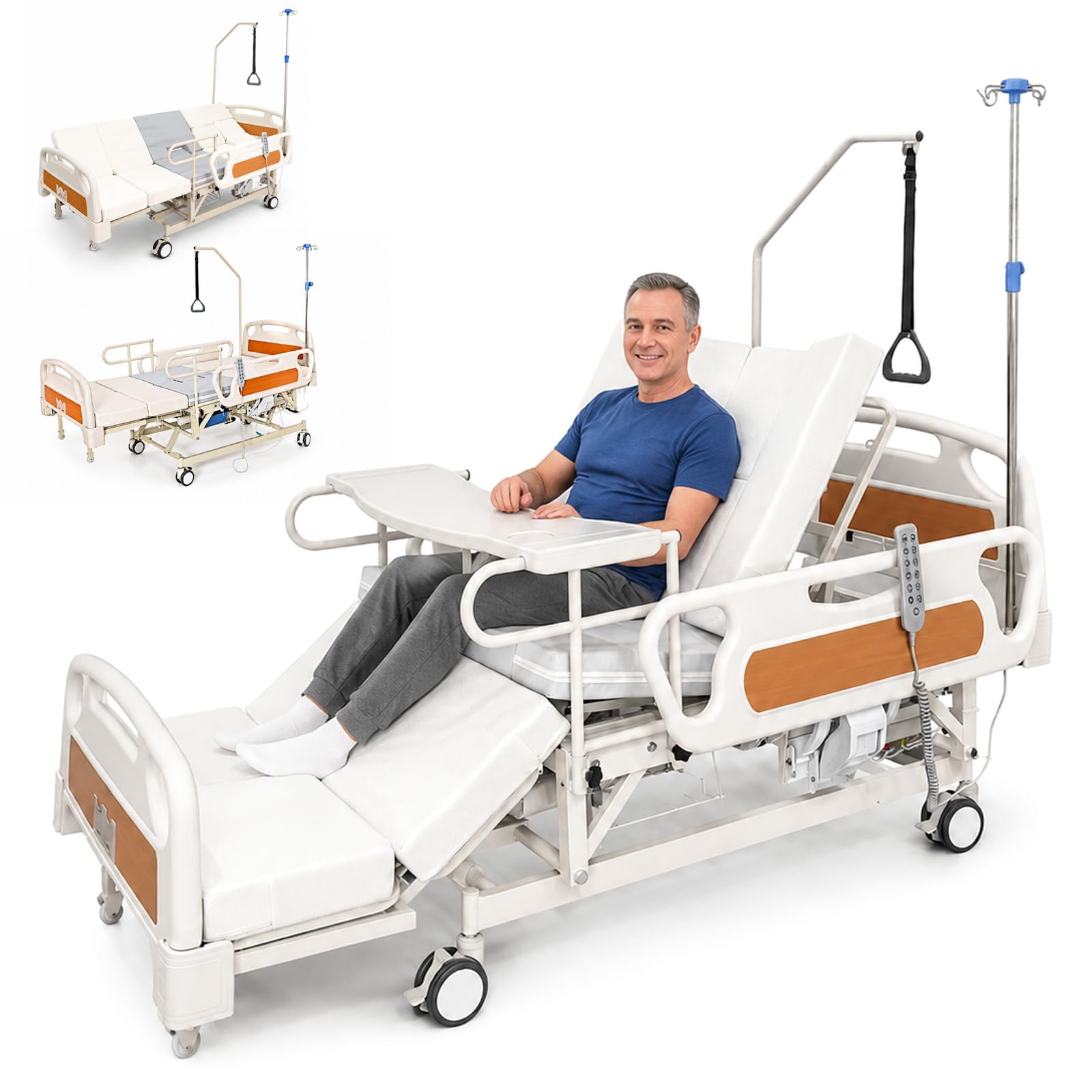 10-in-1 Full Electric Hospital Beds for Home Use, Height Adjustable Medical Bed with Mattress, Auto Left &amp; Right Turning, Built-in Commode, IV Pole, Overbed Table, Electric Nursing Bed for Elderly