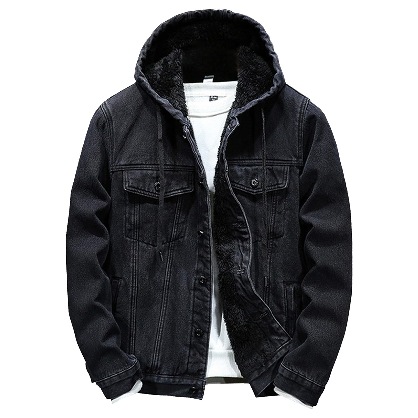 Chaqueta vaquera estilo camionero con capucha desmontable para hombre, forrada con borreguillo sintético y forro polar. Colección de moda 2025.