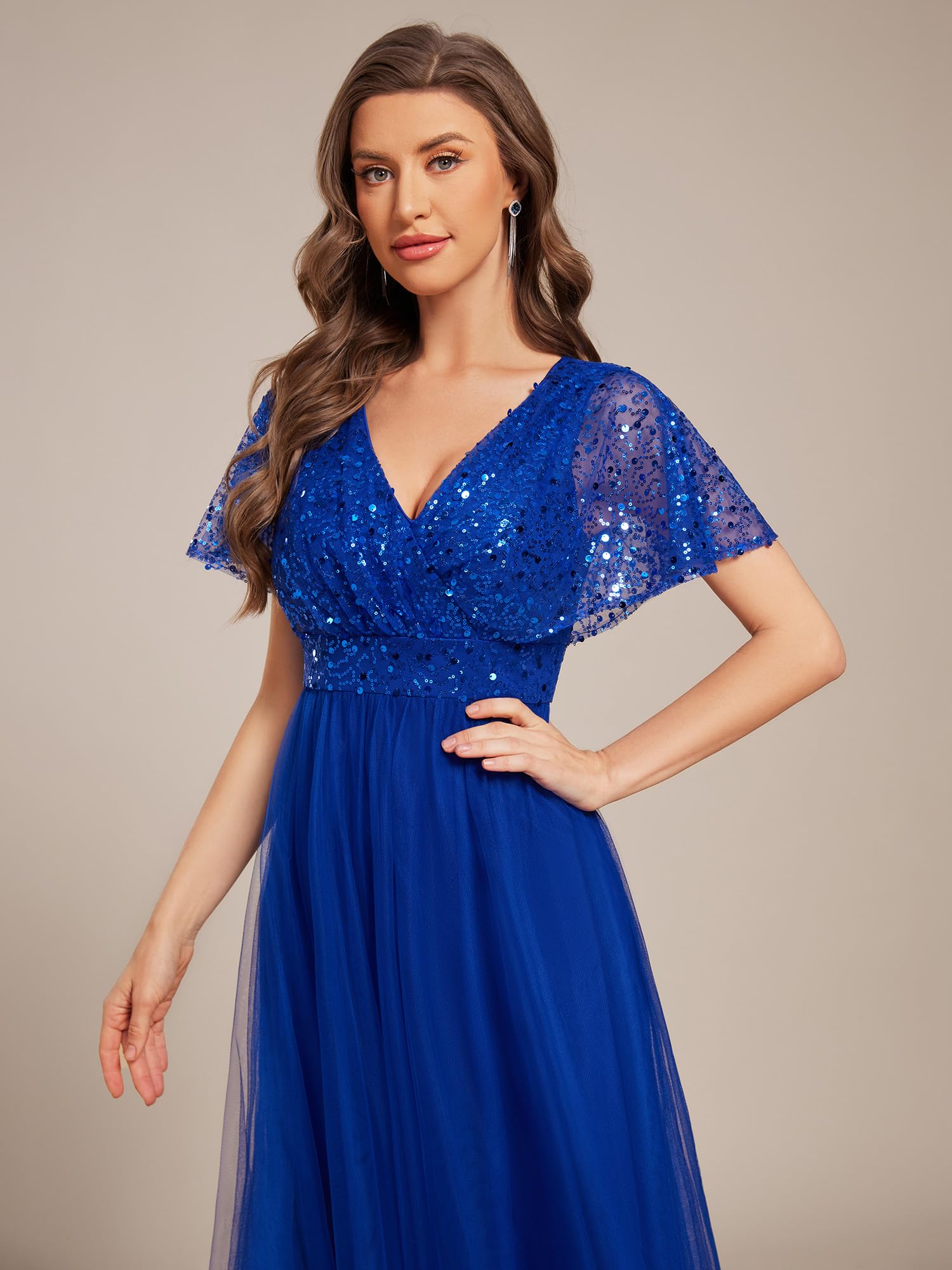 Ever-Pretty Robe de Soirée Chic Col en V Manches Courtes Mousseline Maxi Robe évasée EE02223